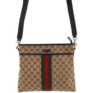 Gucci GG Monogram Brown Web Flat Messenger Bag red green web
